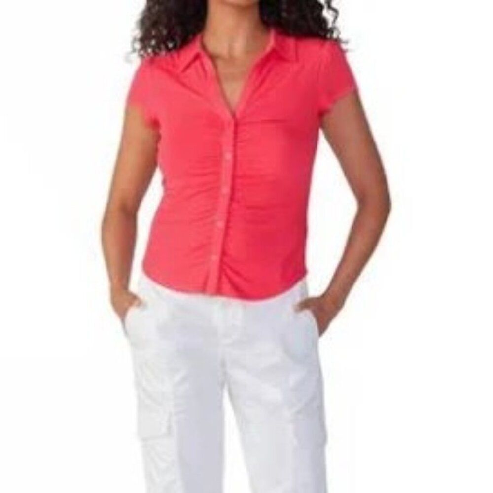 Sanctuary Dream Ruched Button Up Top Melon Short Sleeve Lightweight Boho Medium